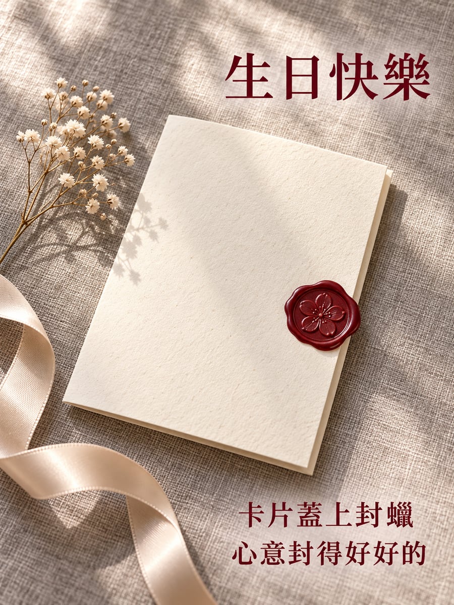 封蠟手寫卡。圖中文字：生日快樂，卡片蓋上封蠟，心意封得好好的