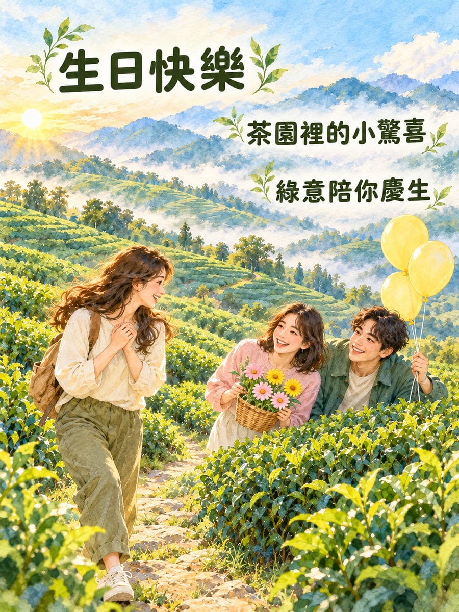 茶園裡的驚喜。圖中文字：生日快樂，茶園裡的小驚喜，綠意陪你慶生