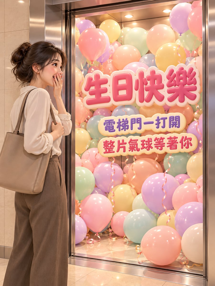 電梯裡的氣球。圖中文字：生日快樂，電梯門一打開，整片氣球等著你