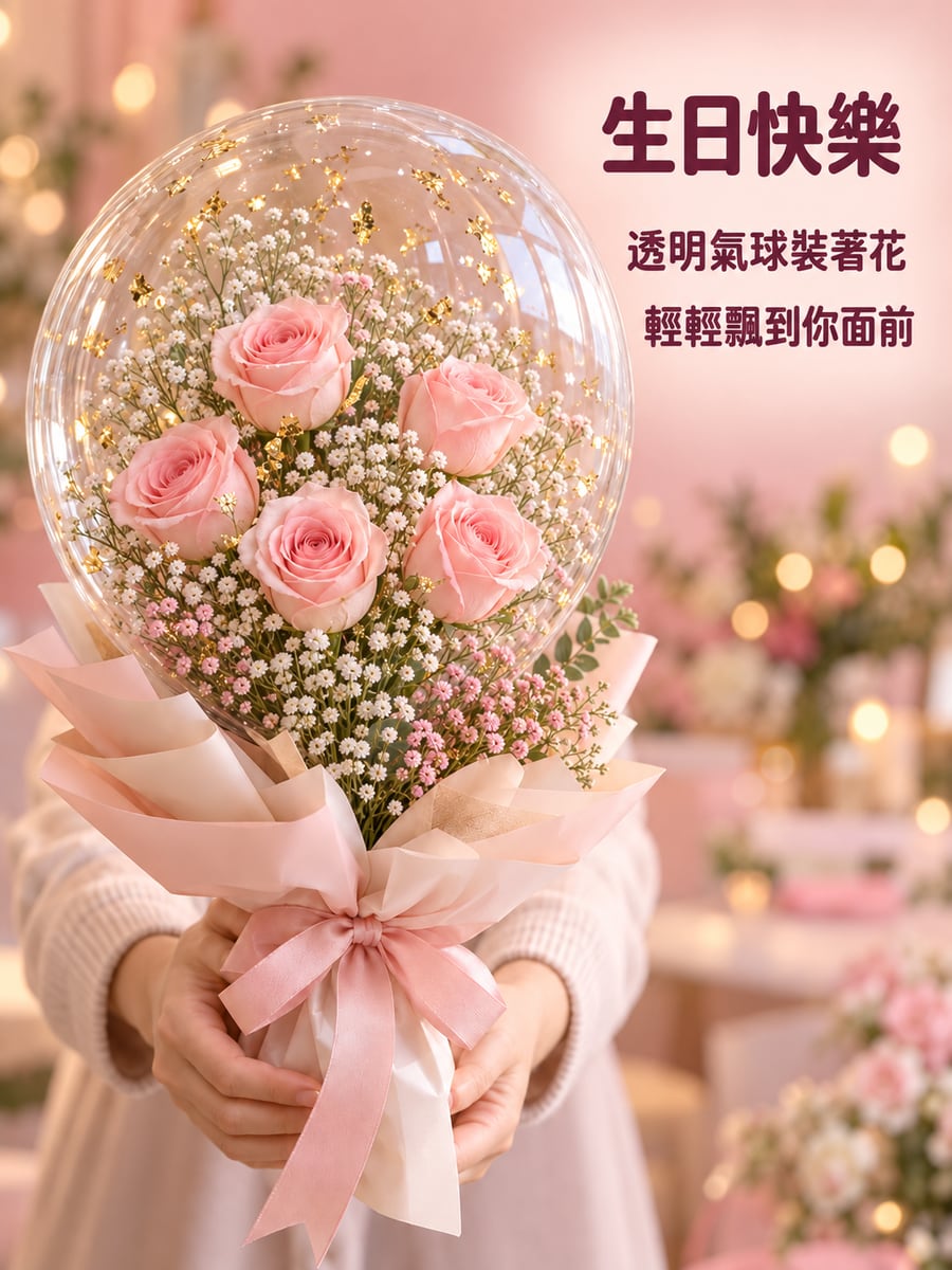 波波球花束。圖中文字：生日快樂，透明氣球裝著花，輕輕飄到你面前