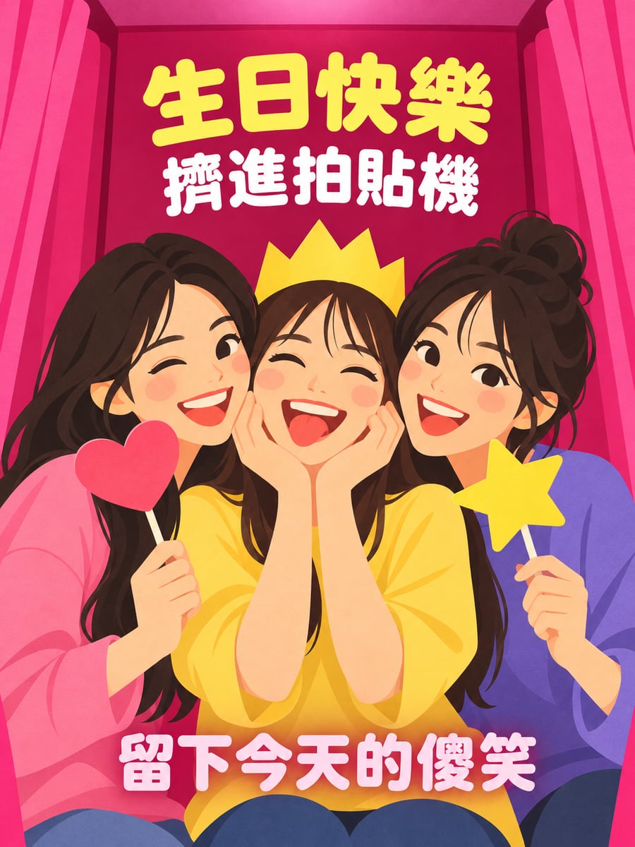 一起拍大頭貼。圖中文字：生日快樂，擠進拍貼機，留下今天的傻笑