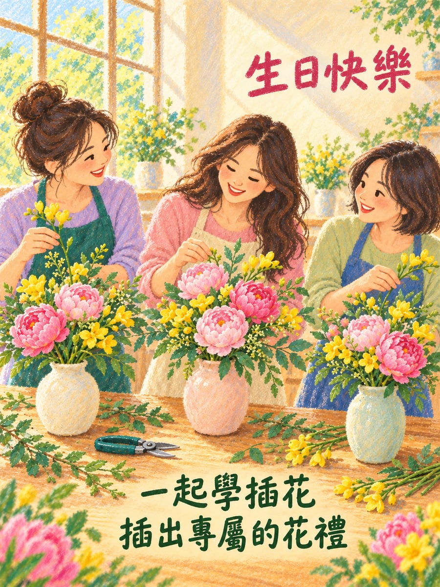 一起上花藝課。圖中文字：生日快樂，一起學插花，插出專屬的花禮