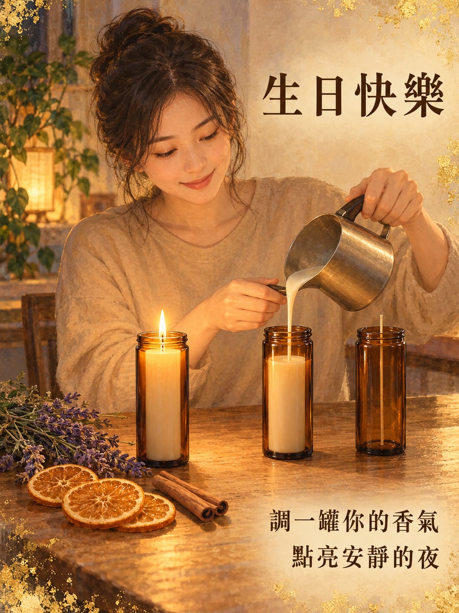 手作香氛蠟燭。圖中文字：生日快樂，調一罐你的香氣，點亮安靜的夜
