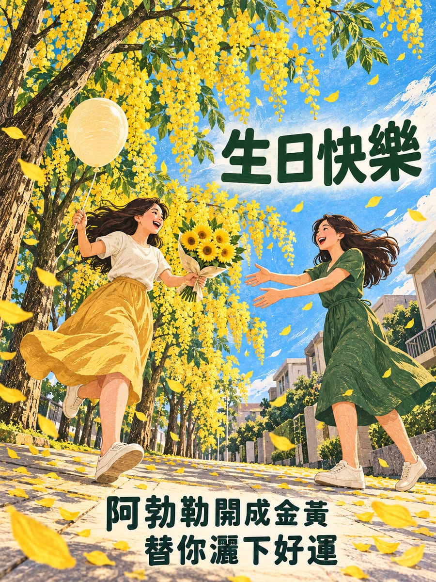 阿勃勒下的驚喜。圖中文字：生日快樂，阿勃勒開成金黃，替你灑下好運