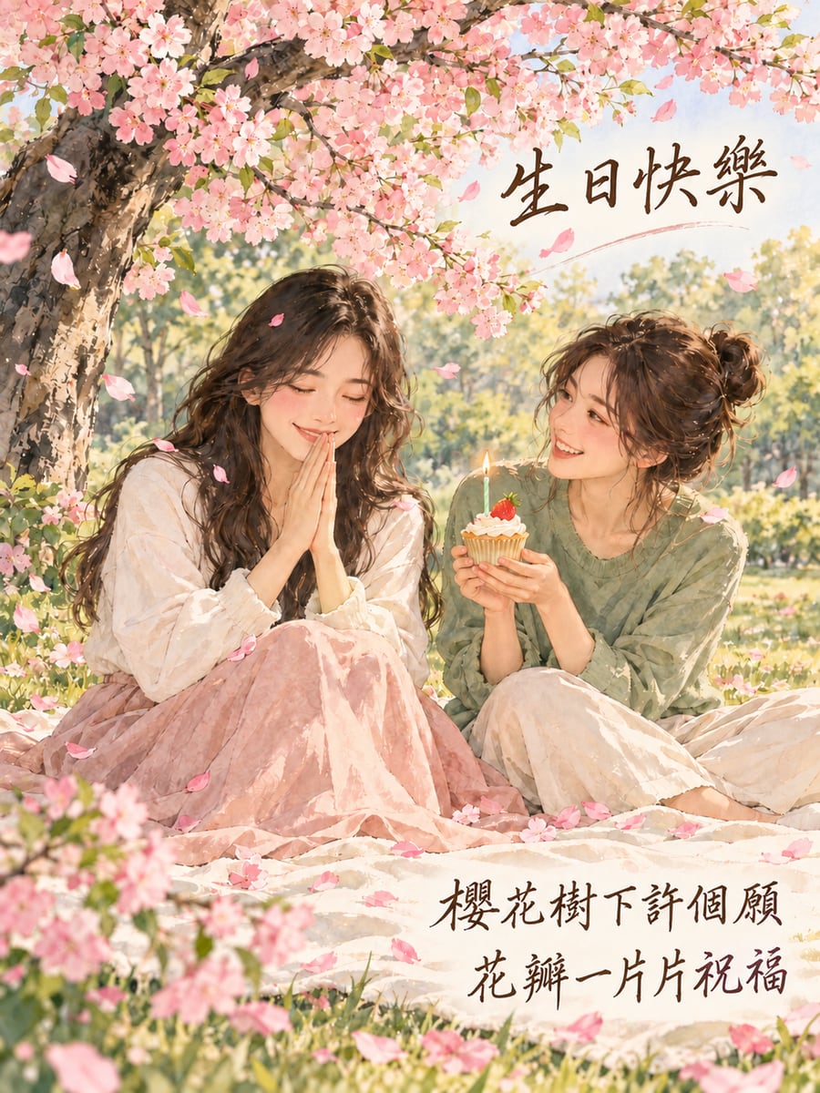 櫻花樹下許願。圖中文字：生日快樂，櫻花樹下許個願，花瓣一片片祝福