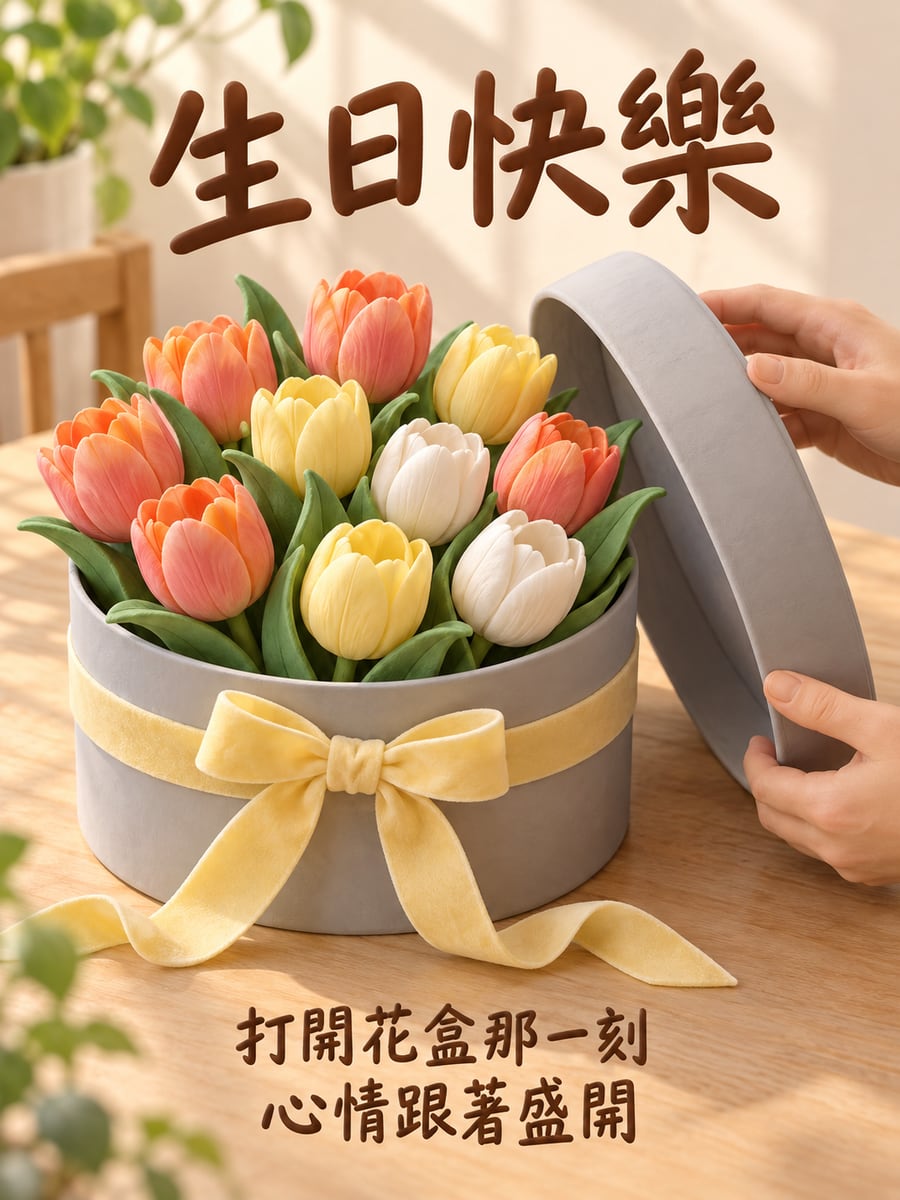 打開鬱金香花盒。圖中文字：生日快樂，打開花盒那一刻，心情跟著盛開