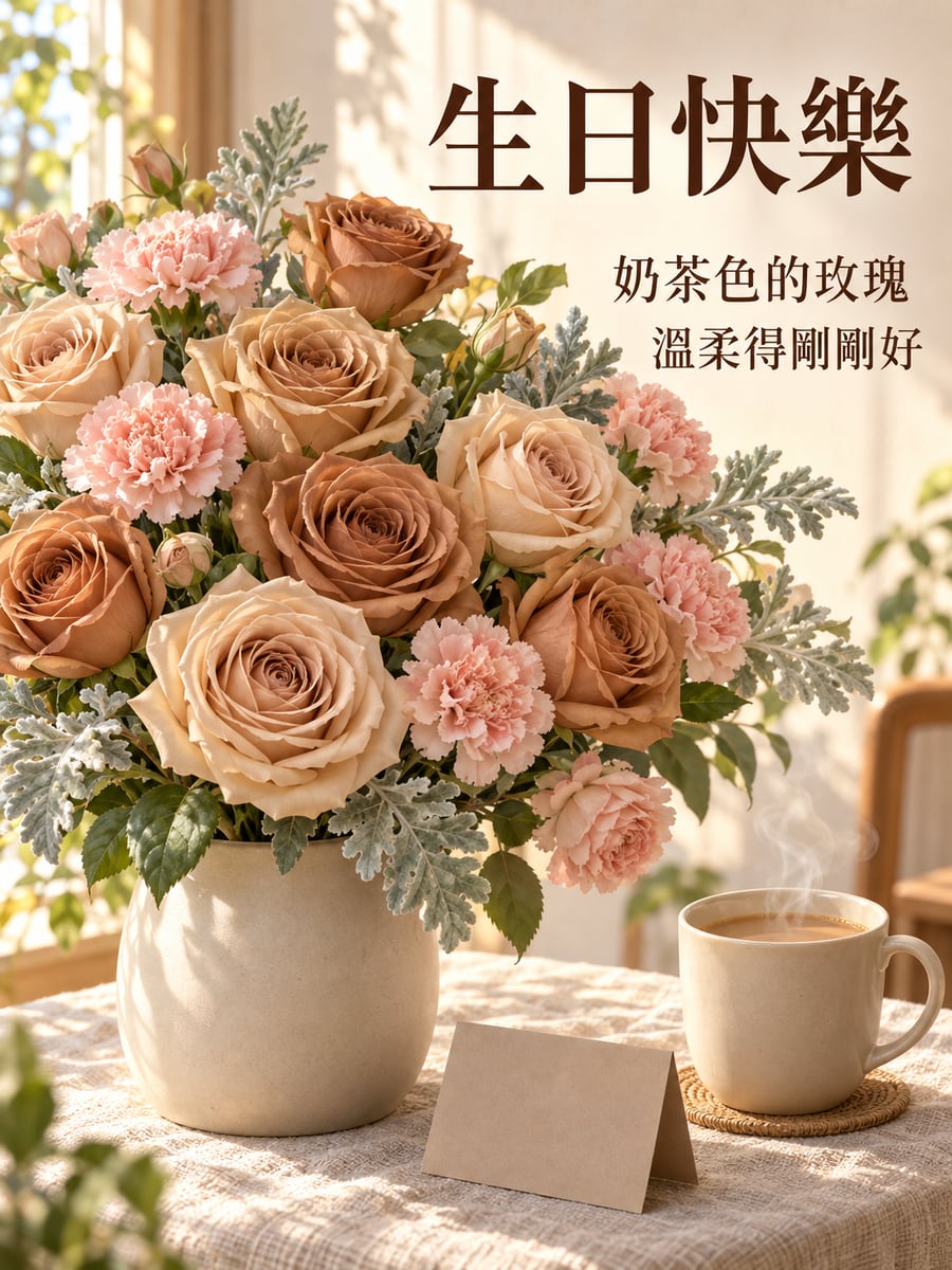 奶茶色玫瑰。圖中文字：生日快樂，奶茶色的玫瑰，溫柔得剛剛好