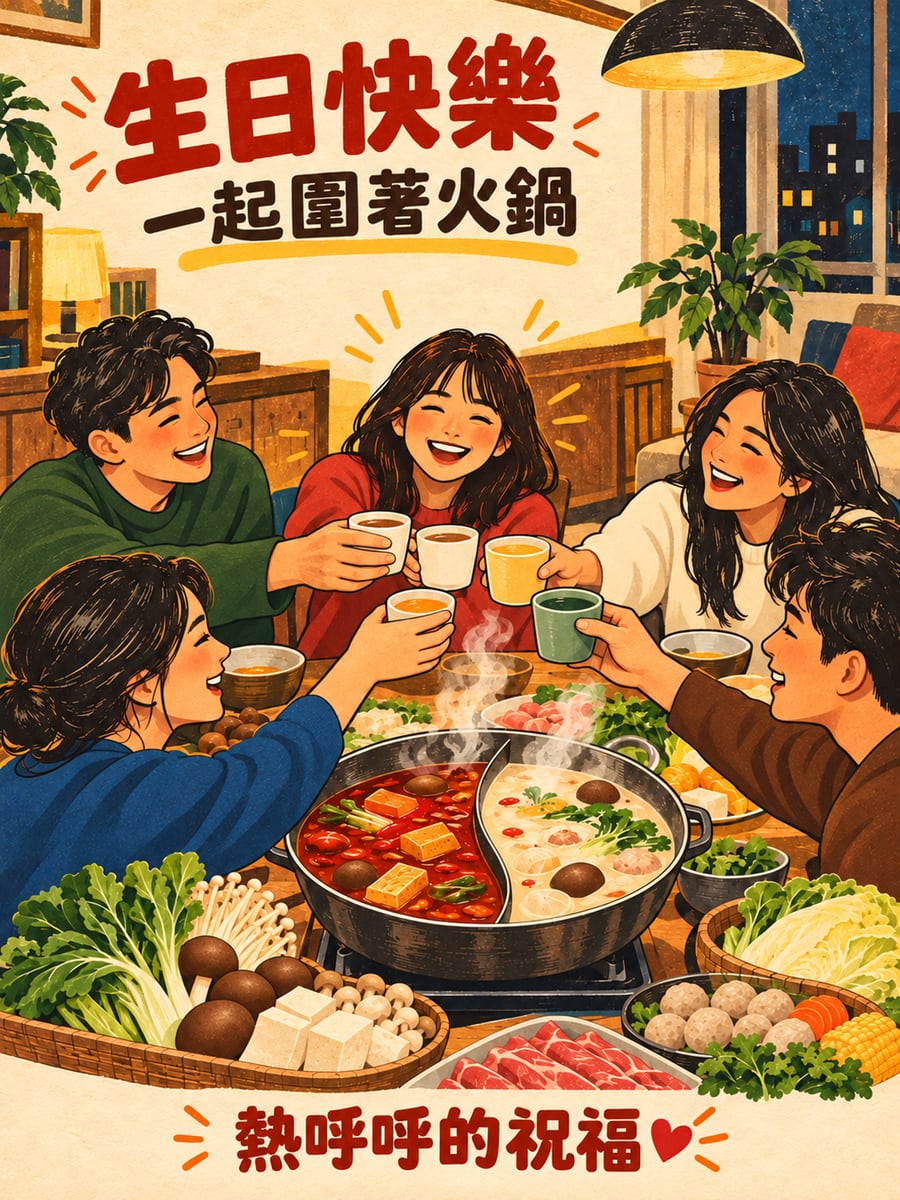 圍著火鍋慶生。圖中文字：生日快樂，一起圍著火鍋，熱呼呼的祝福