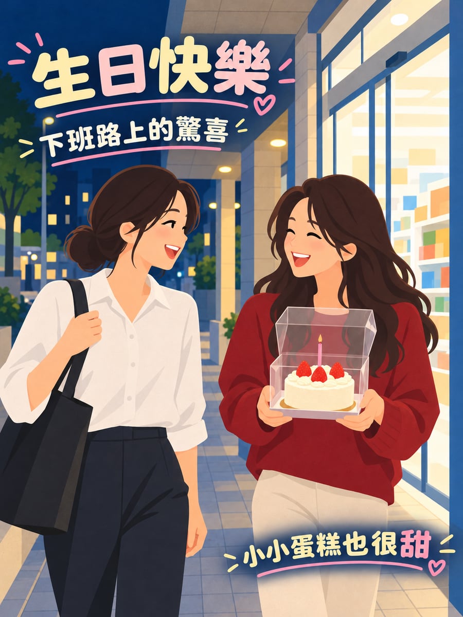 下班路上的小蛋糕。圖中文字：生日快樂，下班路上的驚喜，小小蛋糕也很甜