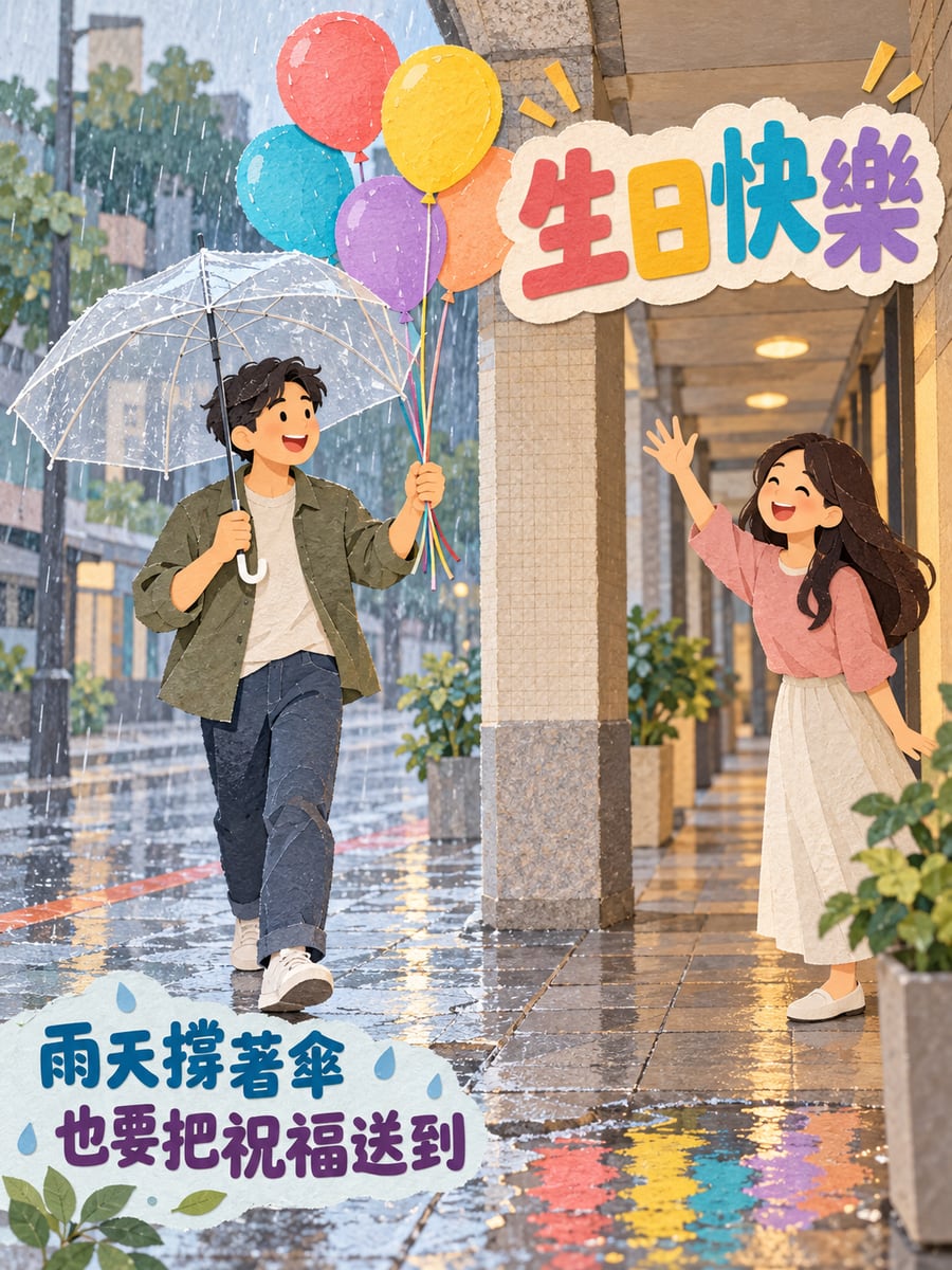 雨天撐傘送氣球。圖中文字：生日快樂，雨天撐著傘，也要把祝福送到