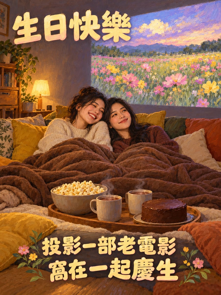 在家投影看電影。圖中文字：生日快樂，投影一部老電影，窩在一起慶生