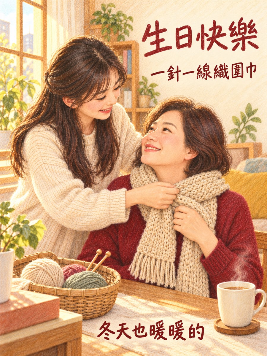 親手織的圍巾。圖中文字：生日快樂，一針一線織圍巾，冬天也暖暖的