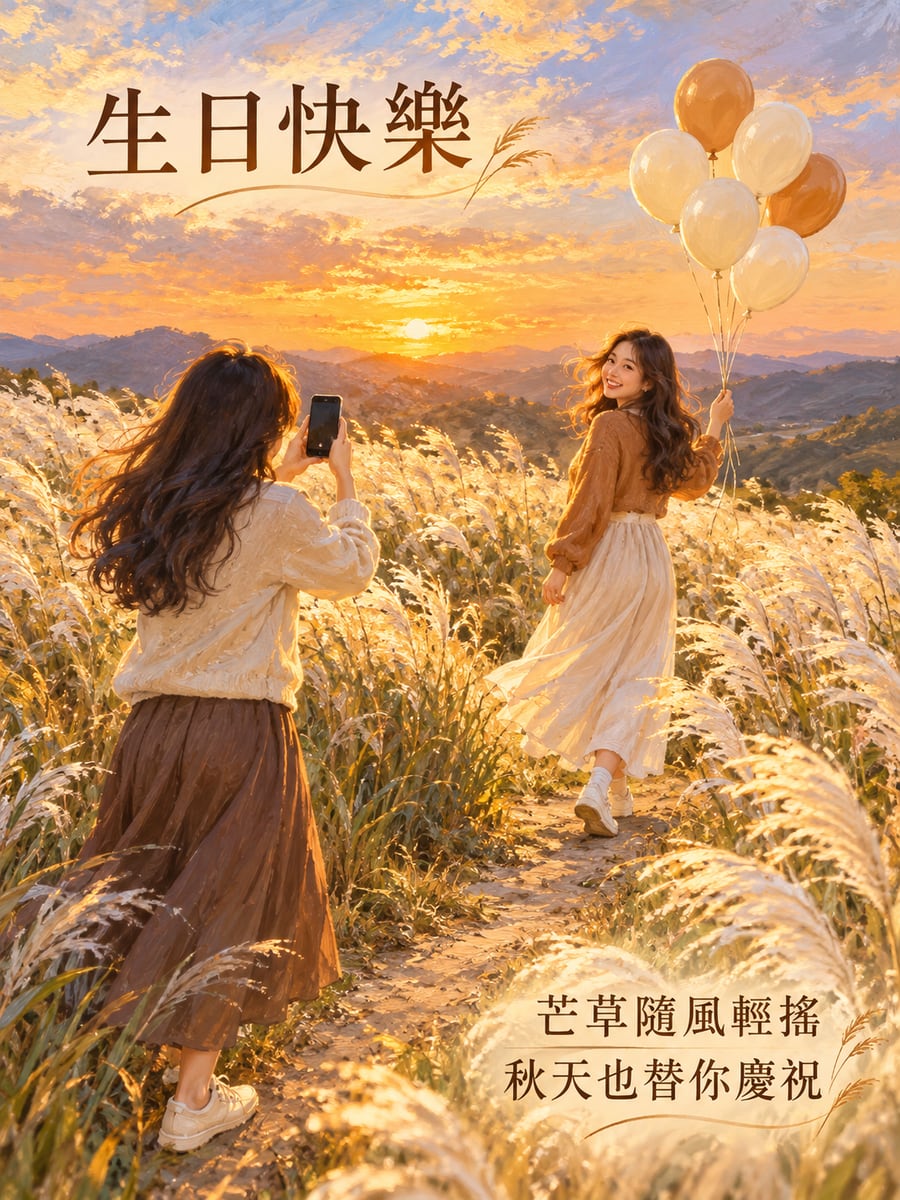 芒草裡的氣球。圖中文字：生日快樂，芒草隨風輕搖，秋天也替你慶祝