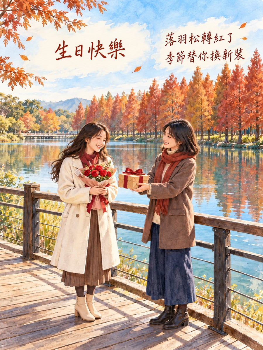 落羽松轉紅。圖中文字：生日快樂，落羽松轉紅了，季節替你換新裝