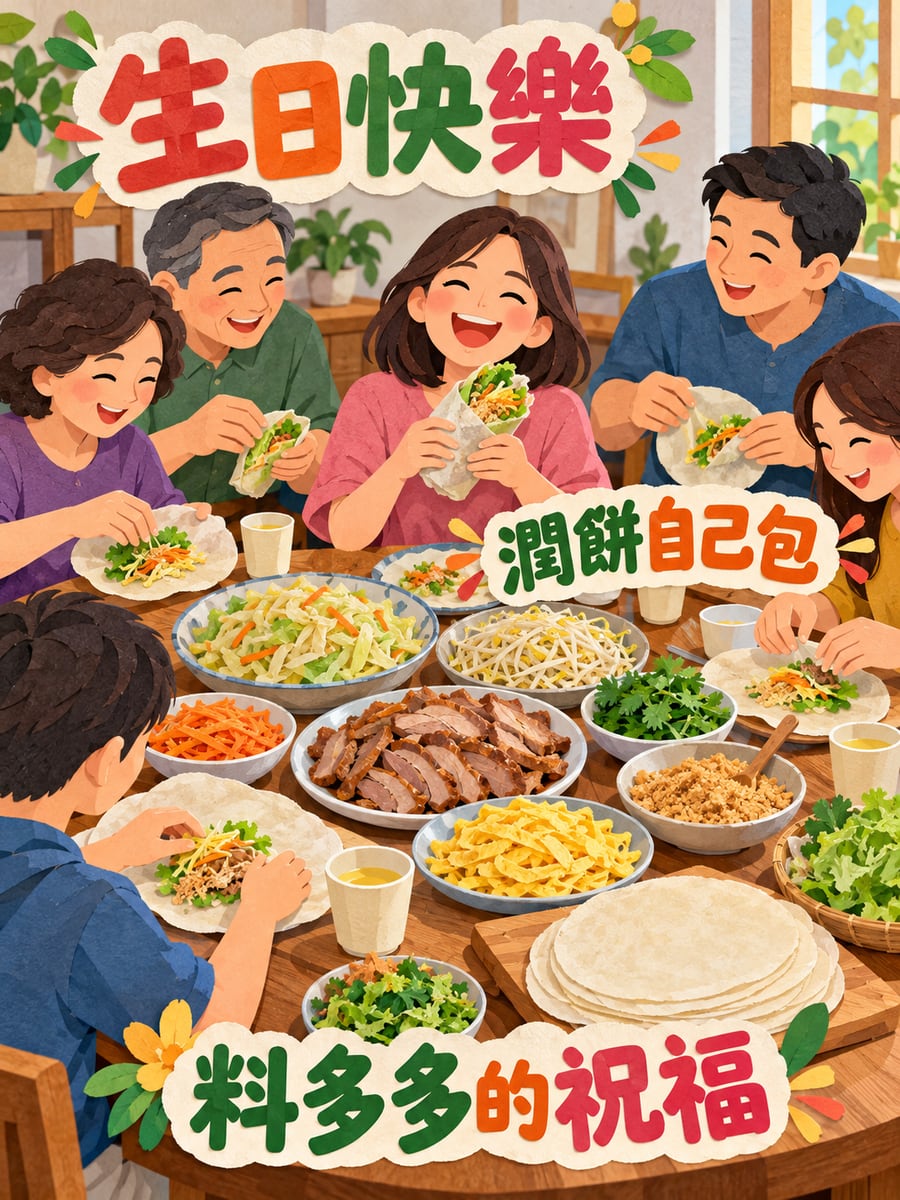一起包潤餅。圖中文字：生日快樂，潤餅自己包，料多多的祝福