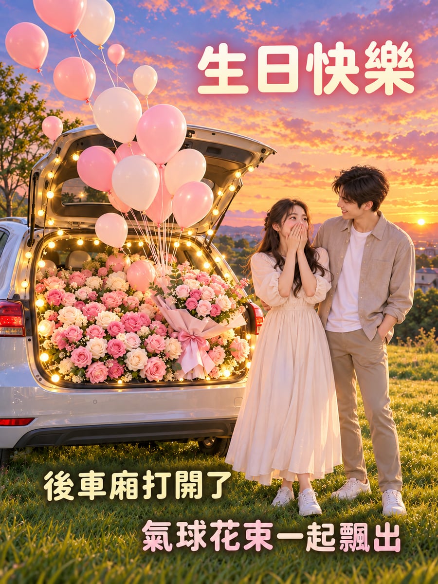 後車廂驚喜。圖中文字：生日快樂，後車廂打開了，氣球花束一起飄出