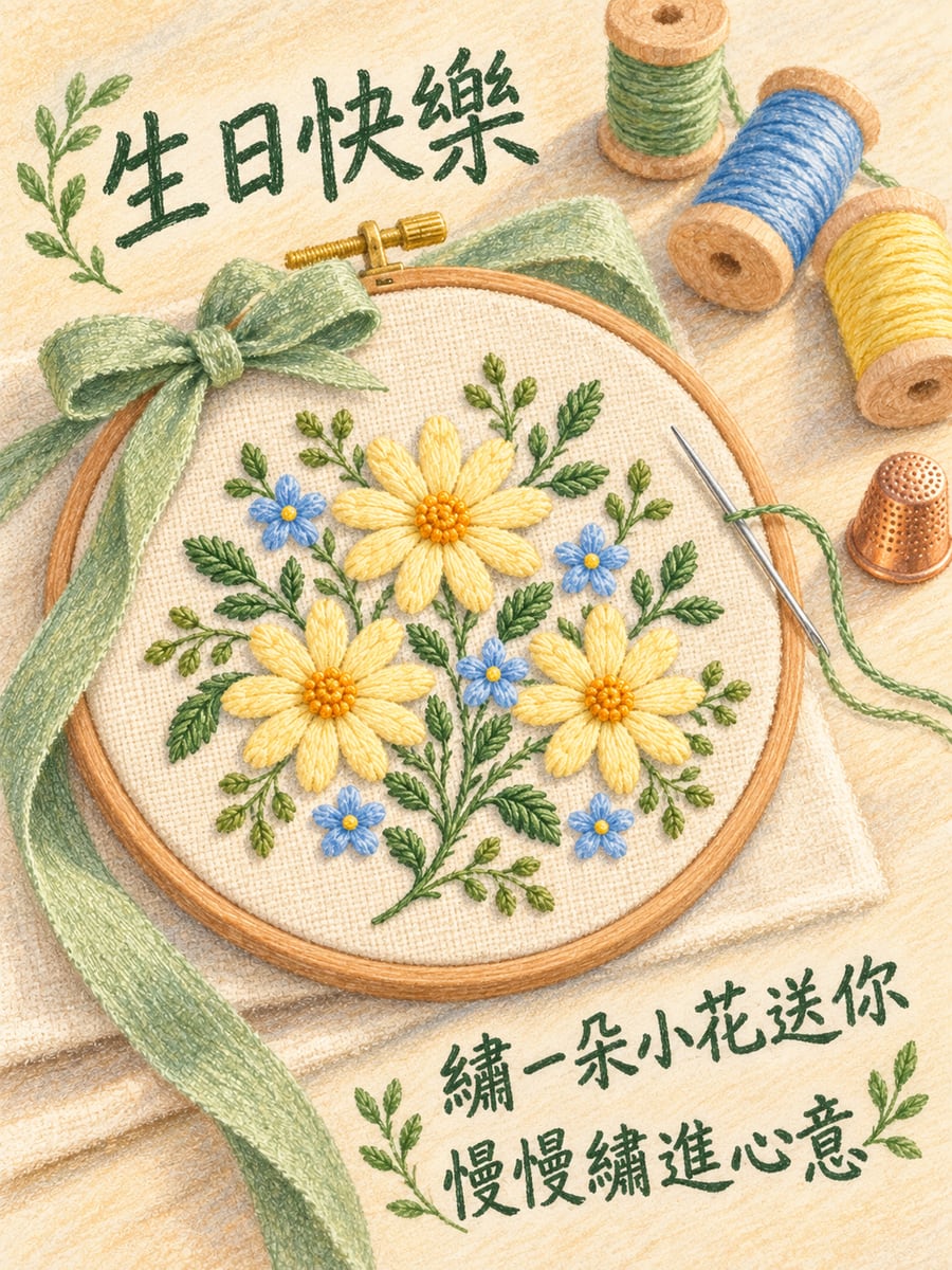 繡一朵小花。圖中文字：生日快樂，繡一朵小花送你，慢慢繡進心意