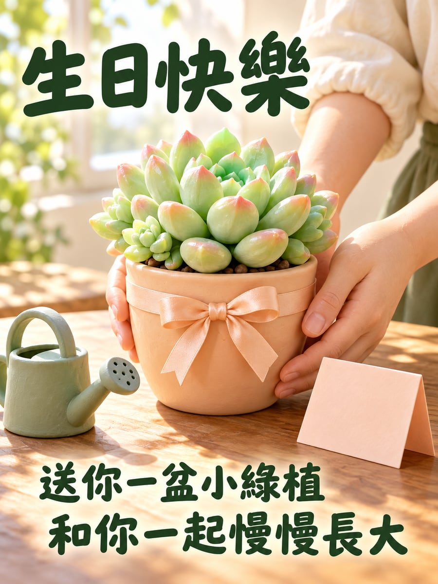 送你一盆小綠植。圖中文字：生日快樂，送你一盆小綠植，和你一起慢慢長大