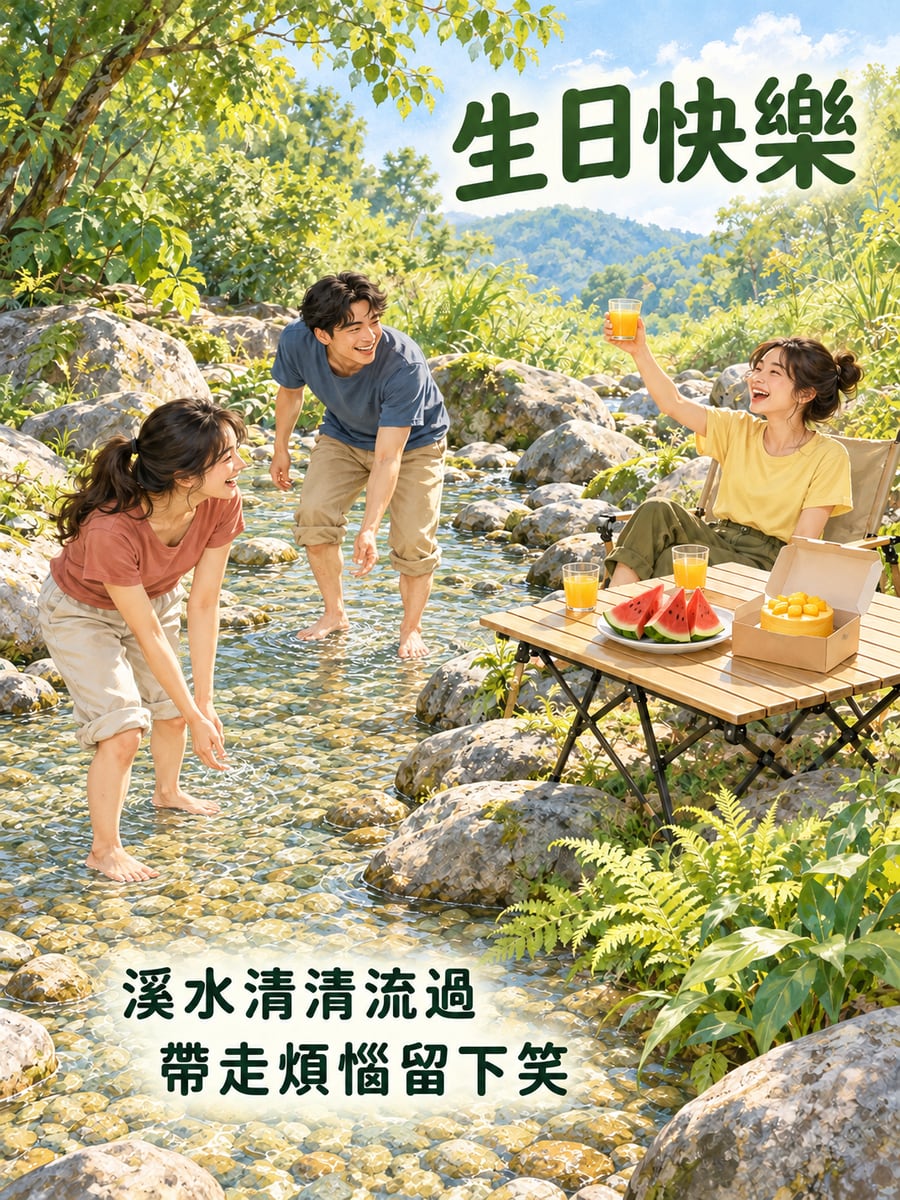 溪邊慶生。圖中文字：生日快樂，溪水清清流過，帶走煩惱留下笑