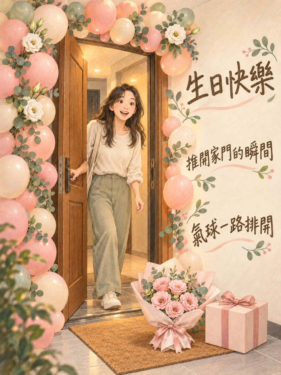 家門口的氣球花環。圖中文字：生日快樂，推開家門的瞬間，氣球一路排開