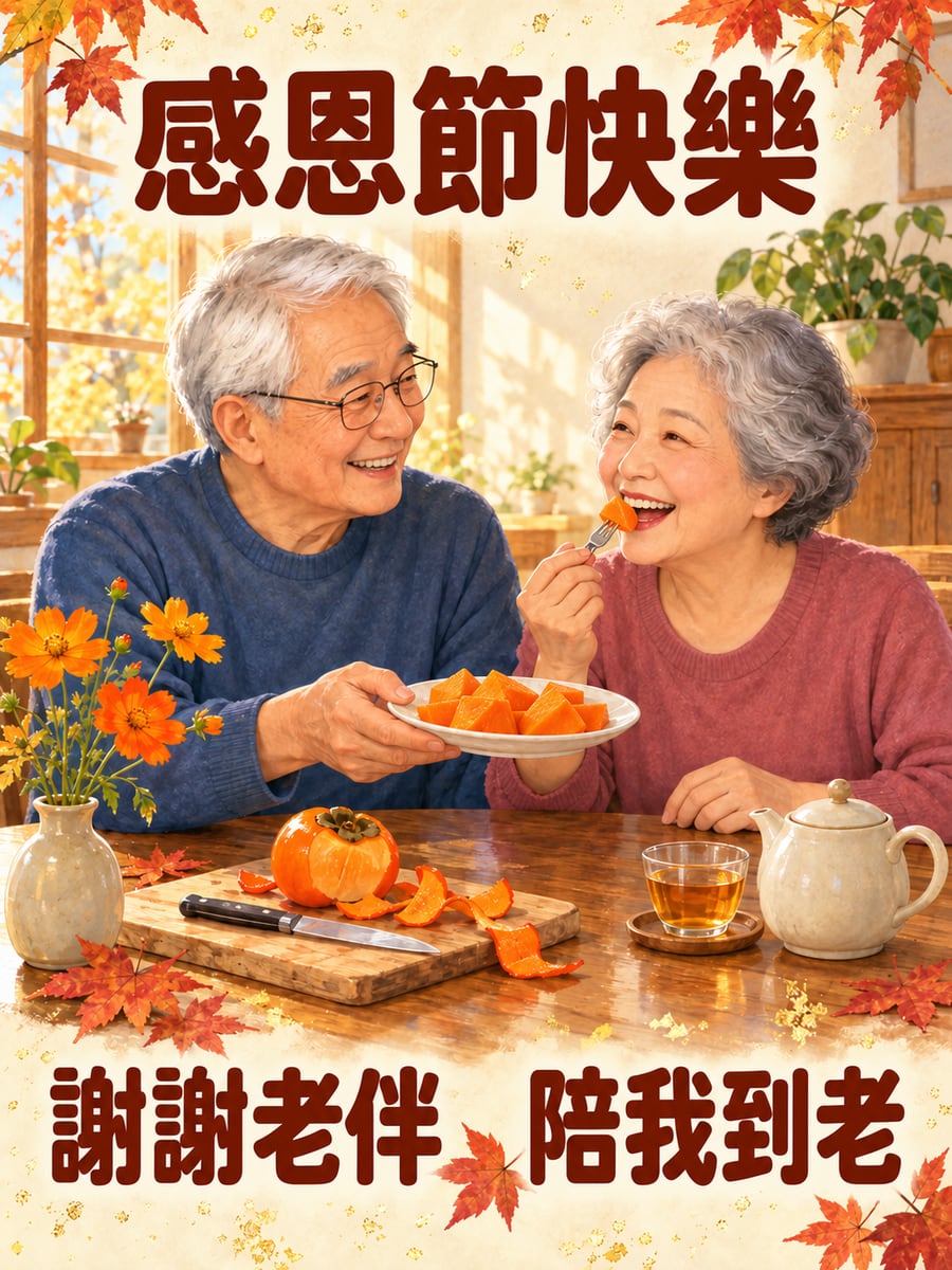 阿公削柿子給阿嬤。圖中文字：感恩節快樂，謝謝老伴，陪我到老