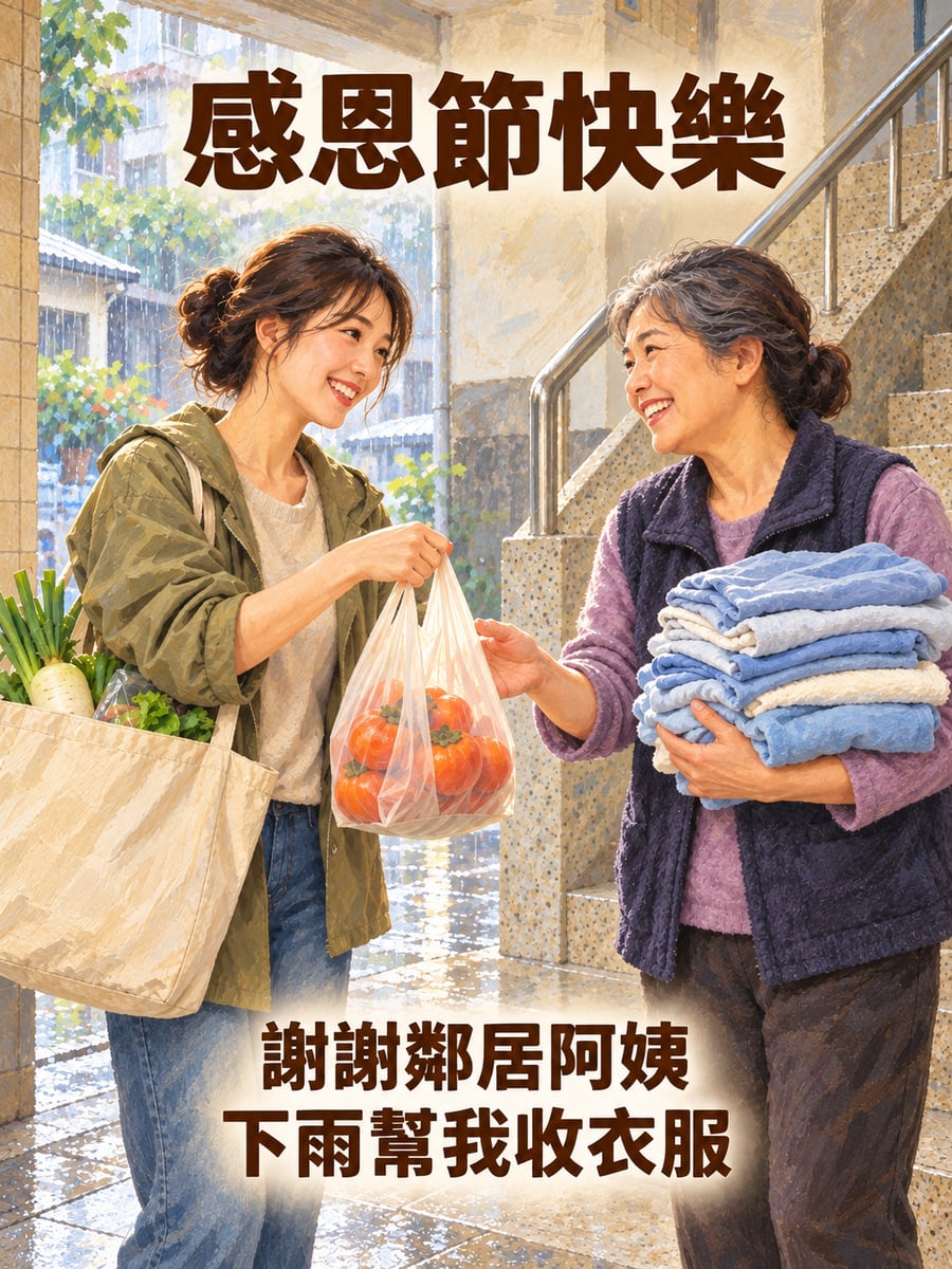 鄰居幫忙收衣服。圖中文字：感恩節快樂，謝謝鄰居阿姨，下雨幫我收衣服