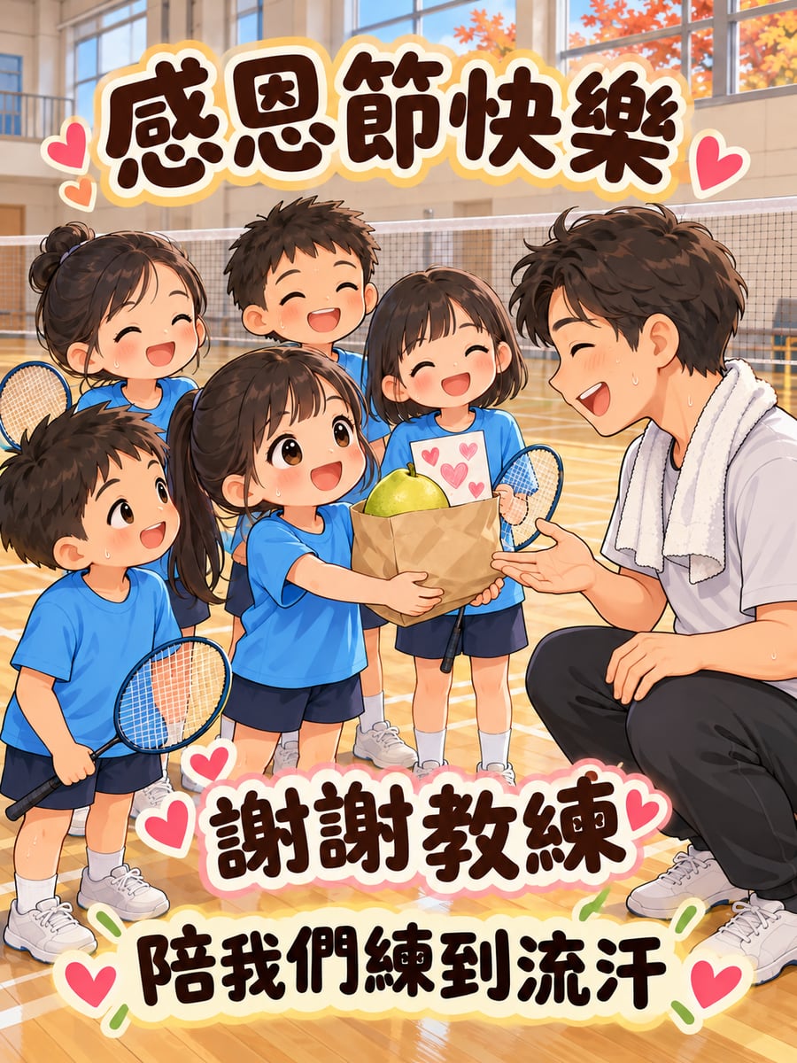 送給羽球教練。圖中文字：感恩節快樂，謝謝教練，陪我們練到流汗