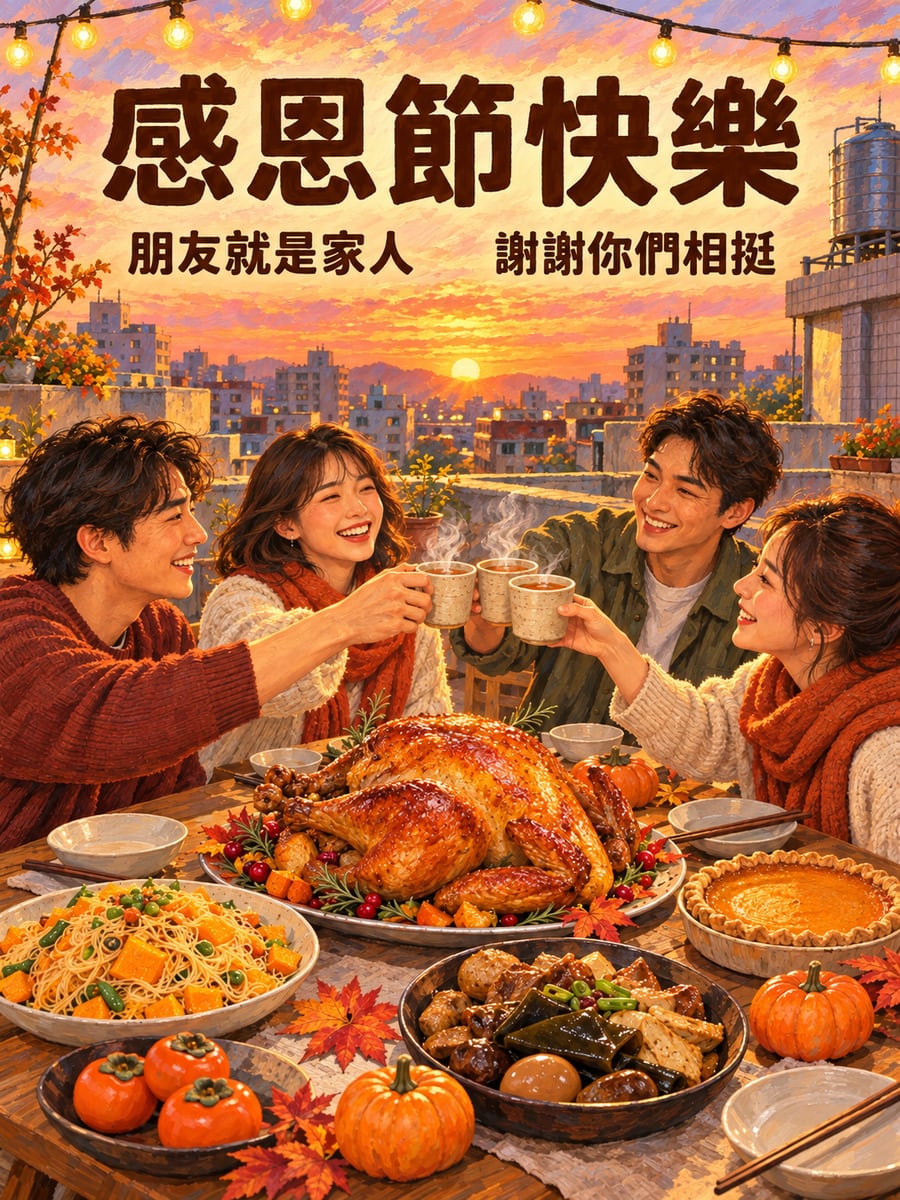 頂樓的好友聚餐。圖中文字：感恩節快樂，朋友就是家人，謝謝你們相挺