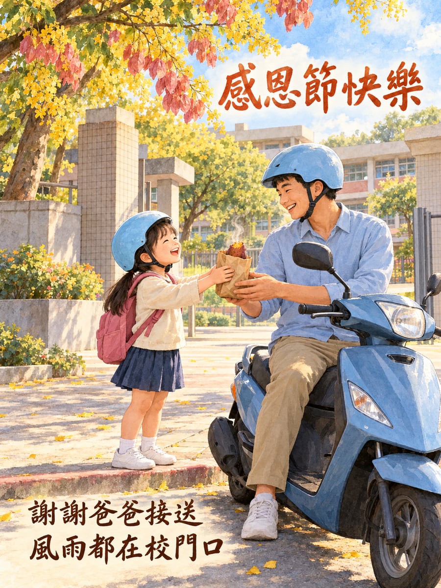 校門口的烤地瓜。圖中文字：感恩節快樂，謝謝爸爸接送，風雨都在校門口