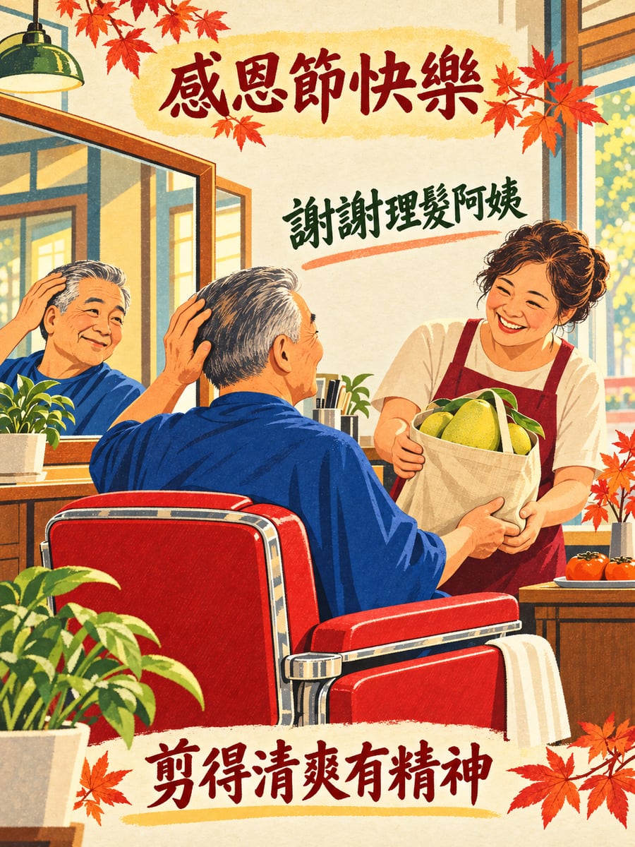 理髮阿姨剪好頭髮。圖中文字：感恩節快樂，謝謝理髮阿姨，剪得清爽有精神