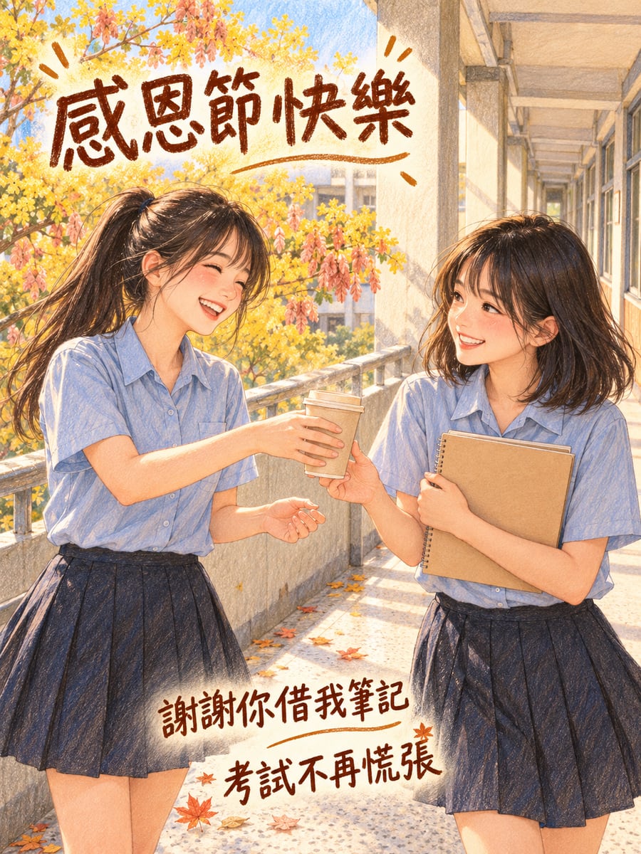 借我筆記的同學。圖中文字：感恩節快樂，謝謝你借我筆記，考試不再慌張