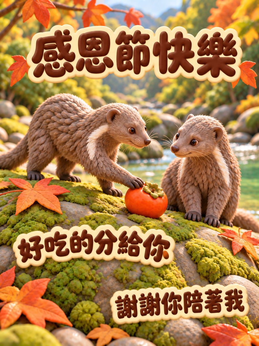 食蟹獴分柿子。圖中文字：感恩節快樂，好吃的分給你，謝謝你陪著我