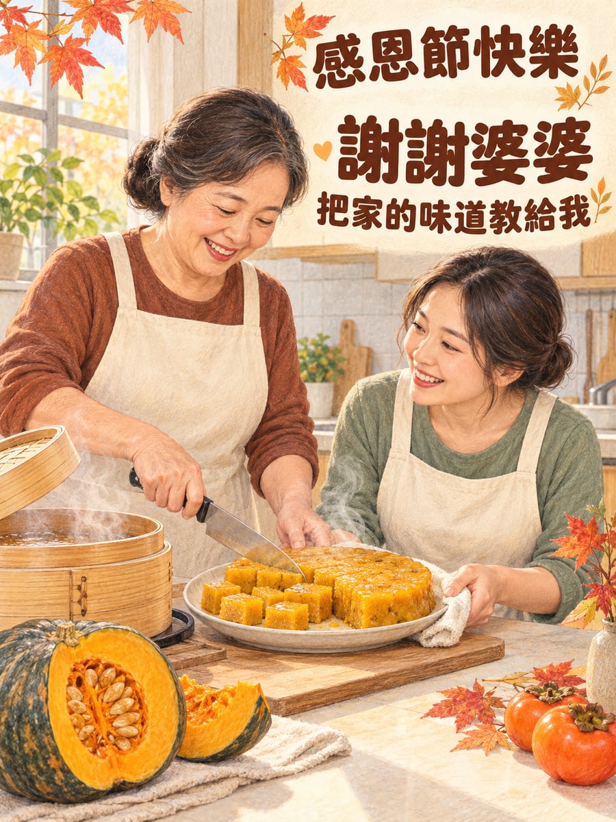 婆婆教我蒸南瓜粿。圖中文字：感恩節快樂，謝謝婆婆，把家的味道教給我