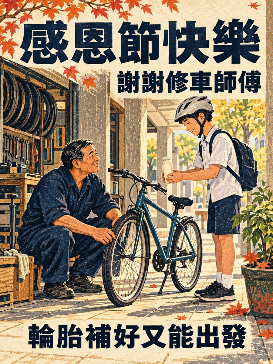 修車師傅補輪胎。圖中文字：感恩節快樂，謝謝修車師傅，輪胎補好又能出發
