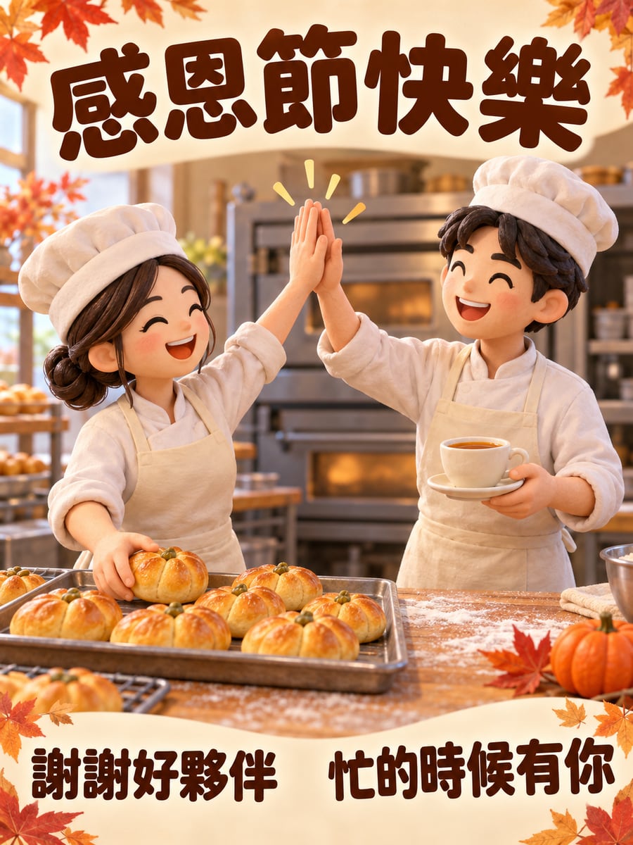 麵包店的好夥伴。圖中文字：感恩節快樂，謝謝好夥伴，忙的時候有你