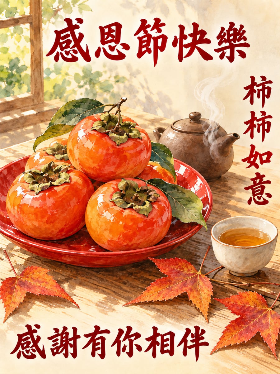 柿柿如意的果盤。圖中文字：感恩節快樂，柿柿如意，感謝有你相伴