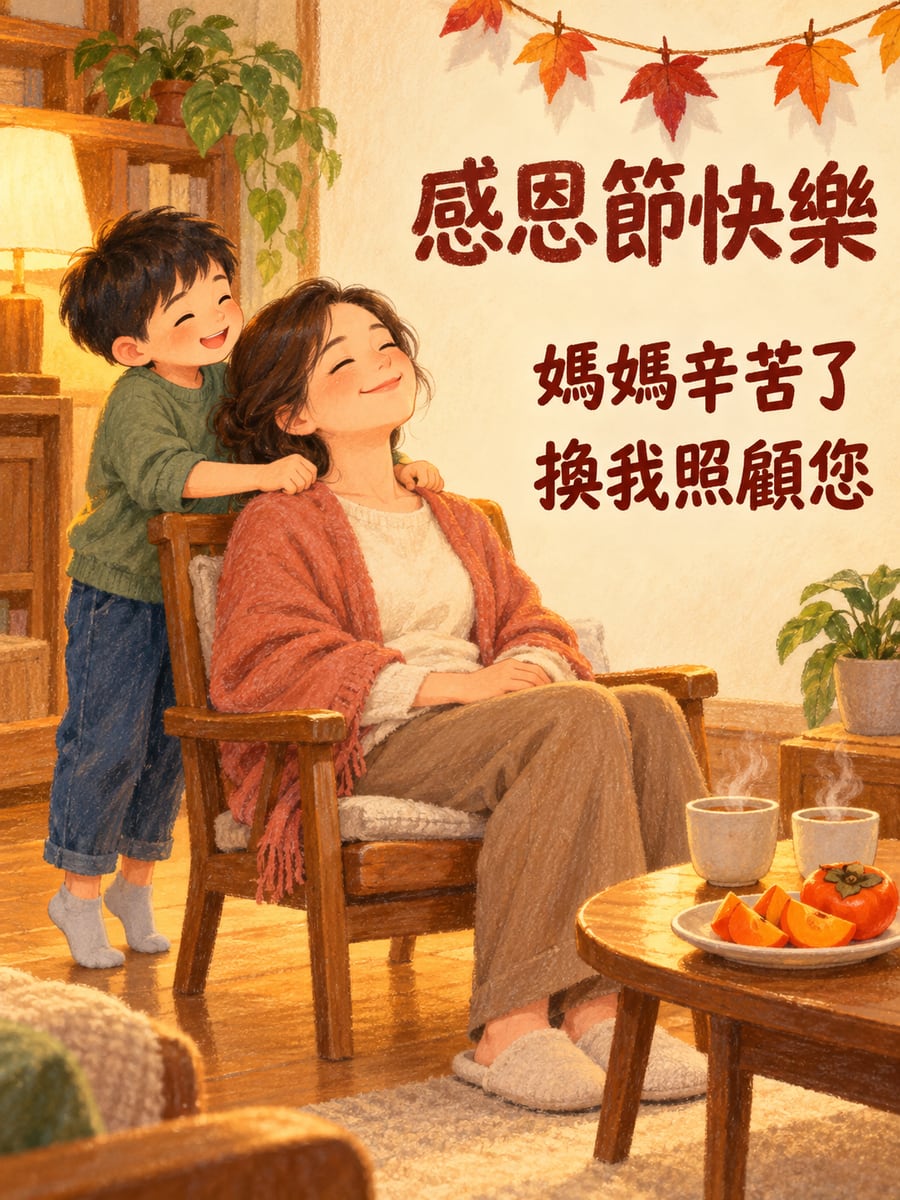 幫媽媽捶捶肩。圖中文字：感恩節快樂，媽媽辛苦了，換我照顧您