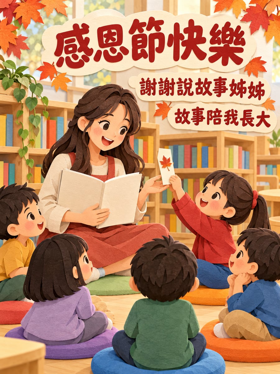 說故事的志工姊姊。圖中文字：感恩節快樂，謝謝說故事姊姊，故事陪我長大