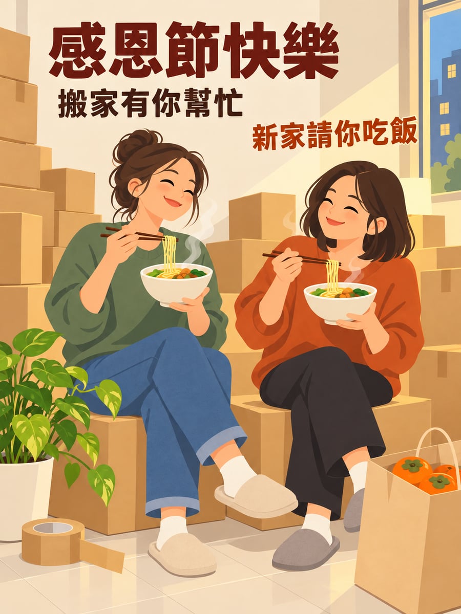朋友來幫忙搬家。圖中文字：感恩節快樂，搬家有你幫忙，新家請你吃飯