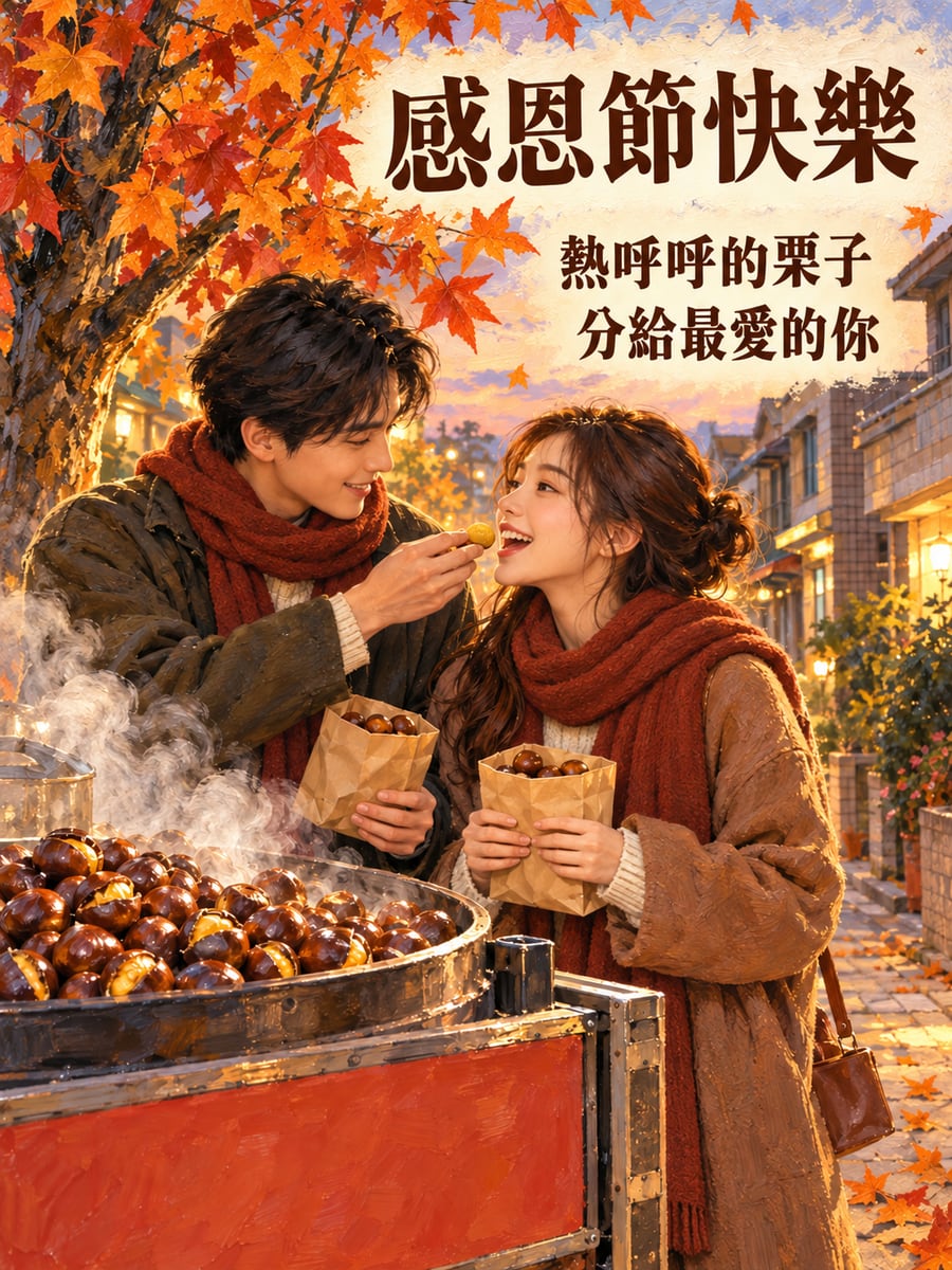 街頭的糖炒栗子。圖中文字：感恩節快樂，熱呼呼的栗子，分給最愛的你