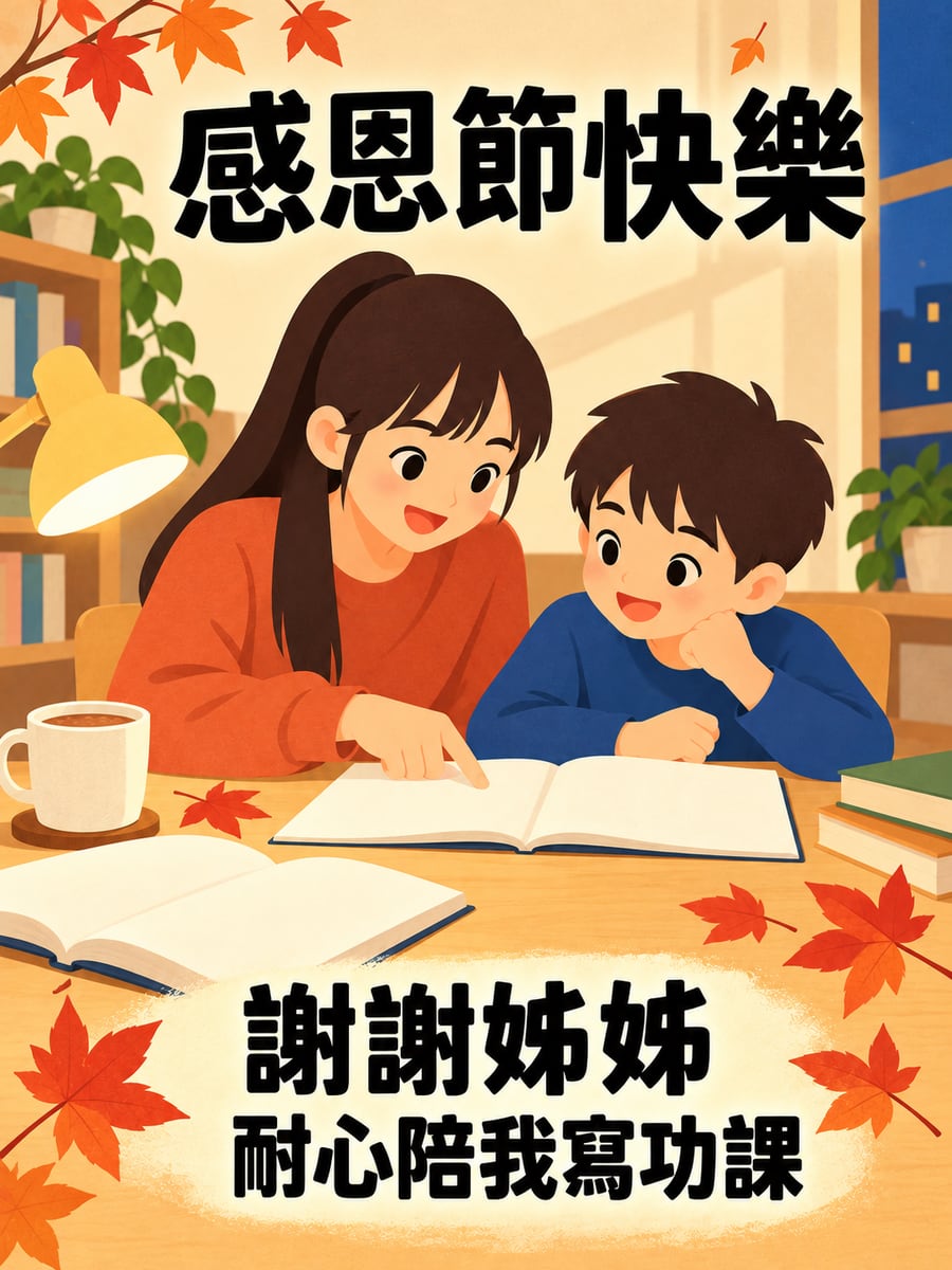 姊姊陪我寫功課。圖中文字：感恩節快樂，謝謝姊姊，耐心陪我寫功課