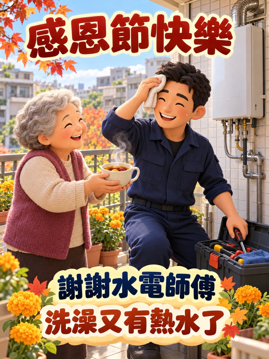 水電師傅修好熱水器。圖中文字：感恩節快樂，謝謝水電師傅，洗澡又有熱水了