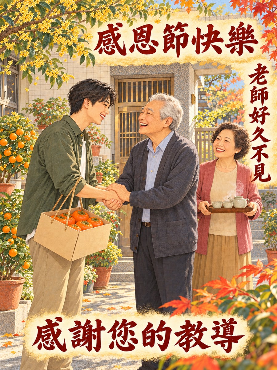 探望退休的老師。圖中文字：感恩節快樂，老師好久不見，感謝您的教導