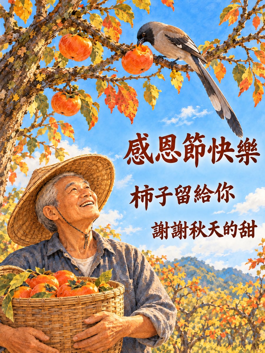 留給樹鵲的柿子。圖中文字：感恩節快樂，柿子留給你，謝謝秋天的甜