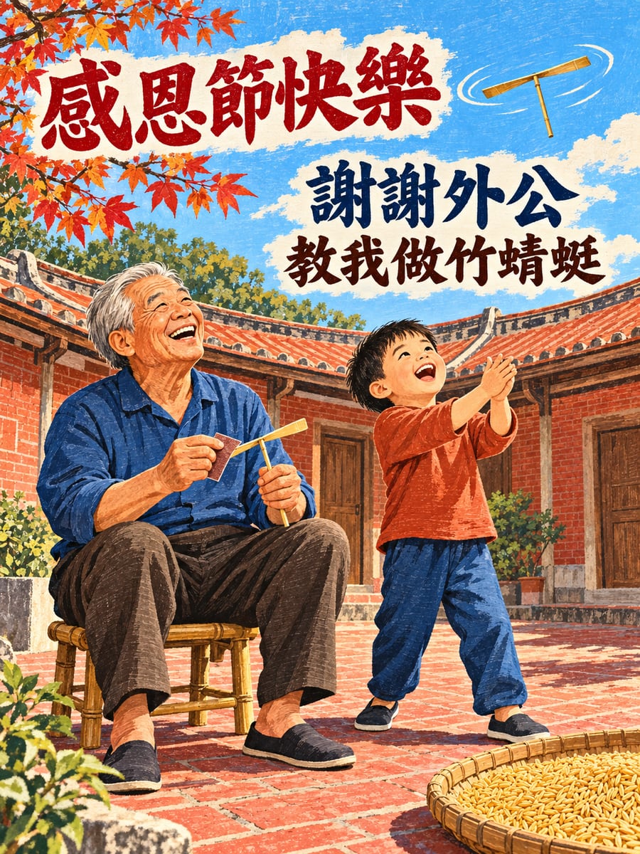 外公做的竹蜻蜓。圖中文字：感恩節快樂，謝謝外公，教我做竹蜻蜓