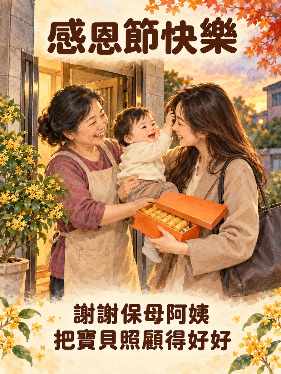 保母家門口接寶寶。圖中文字：感恩節快樂，謝謝保母阿姨，把寶貝照顧得好好
