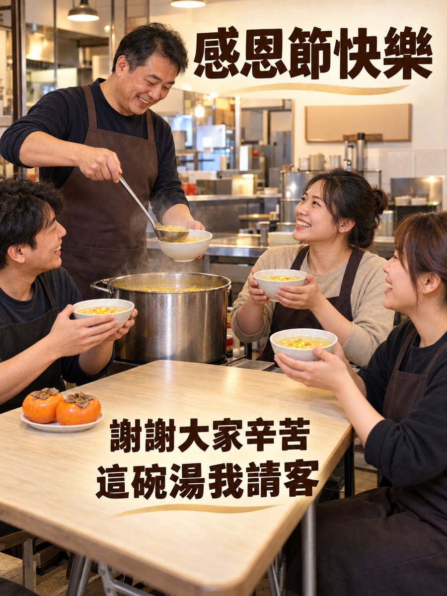 老闆請喝熱湯。圖中文字：感恩節快樂，謝謝大家辛苦，這碗湯我請客