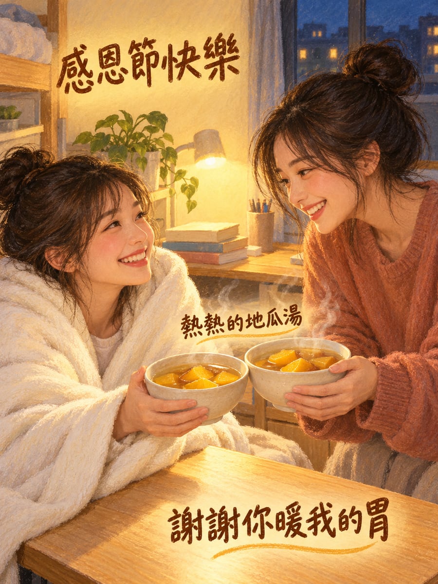 室友的地瓜薑湯。圖中文字：感恩節快樂，熱熱的地瓜湯，謝謝你暖我的胃