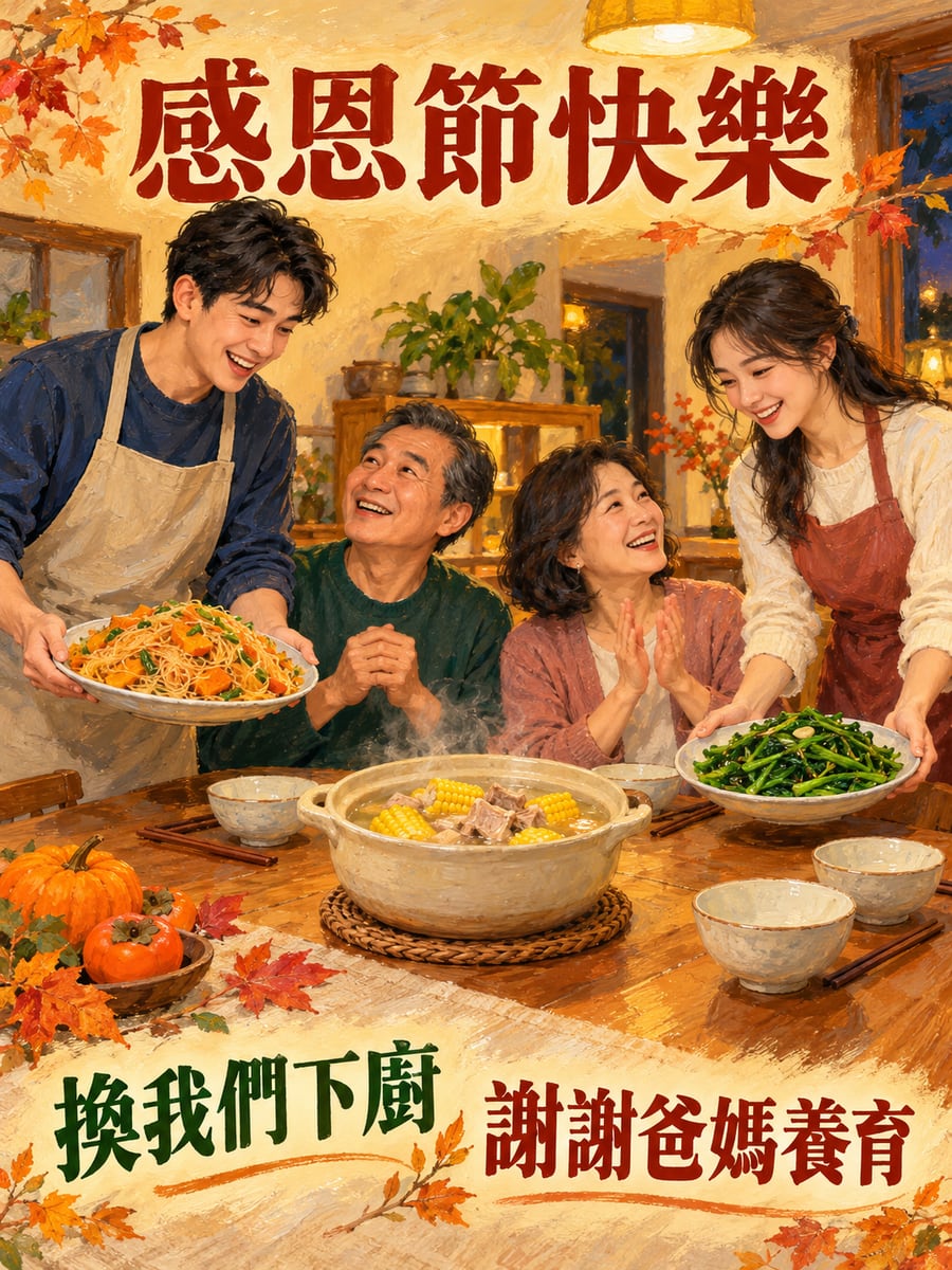 長大後換我們下廚。圖中文字：感恩節快樂，換我們下廚，謝謝爸媽養育