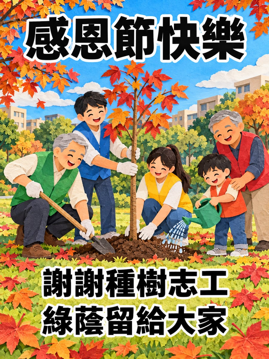 種下楓香樹苗。圖中文字：感恩節快樂，謝謝種樹志工，綠蔭留給大家